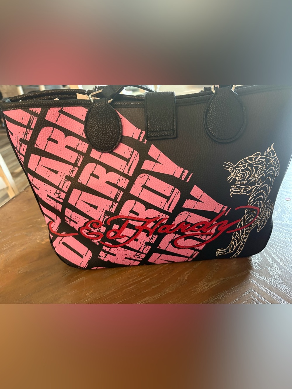 Ed Hardy Black Pink White Floral Checkered Tote with Red Script - Picture 2 of 5